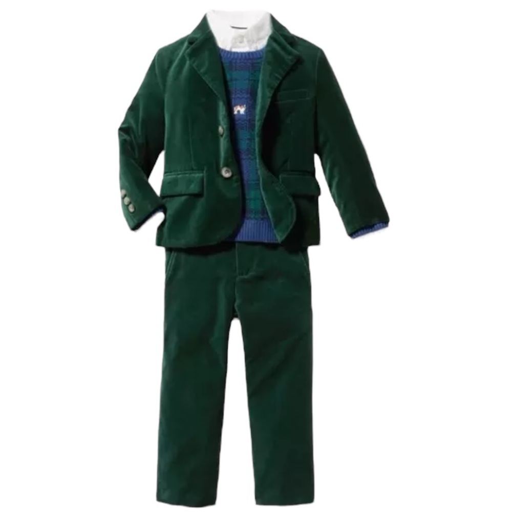 Janie and Jack Boys Green Velvet Suit Set Blazer Pants Size 3 Holiday Wedding